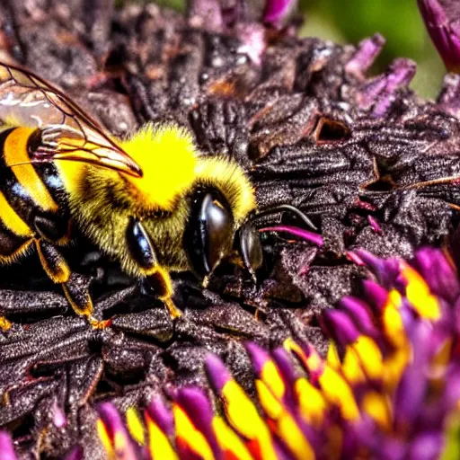 Image similar to a bee landing on a burning flower, the forest is on fire, there is fire everywhere, beautiful macro photography, perfect focus, nice composition