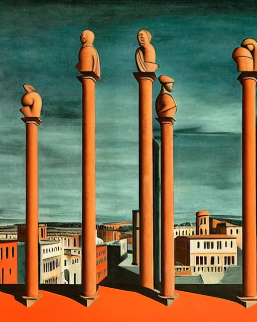 Image similar to painting by giorgio de chirico. grotesque faceless stone statues in a surreal stone city. dark orange, dark teal, brown, marble. uncanny statues on a flat roof with an ancient skyline silhouette against a dark teal sky.