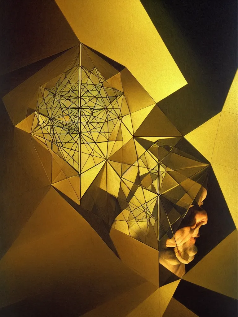 Image similar to hyperrealistic still life portrait of a mind exploding inside of a serene temple, beautiful plans, sacred geometry, light refracting through prisms in a tesseract, by Caravaggio, botanical print, surrealism, vivid colors, serene, golden ratio, rule of thirds, negative space, minimalist composition