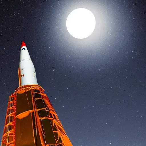 Image similar to a moon rocket, natural lighting, at night, moon in sky, high resolution