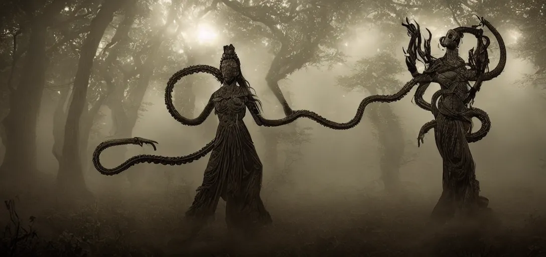 Image similar to a realistic photograph of a 6 armed serpent goddess + dark fantasy + nightime + ancient forest + dramatic lighting + fog