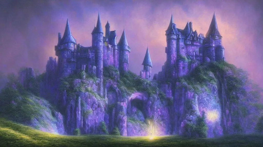 Image similar to beautiful airbrush matte painting of a castle made of light inspired by gilbert williams. clean painting and auora lighting. dark blue and intense purple color palette, art by gilbert williams