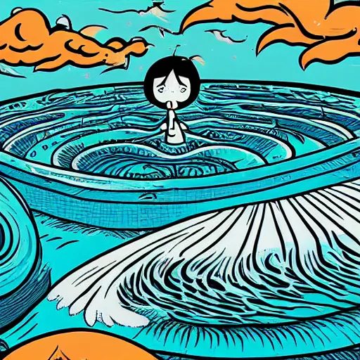 Image similar to colorful digital art, mcbess illustration, a portal to another world, opened in the middle of a swimming pool