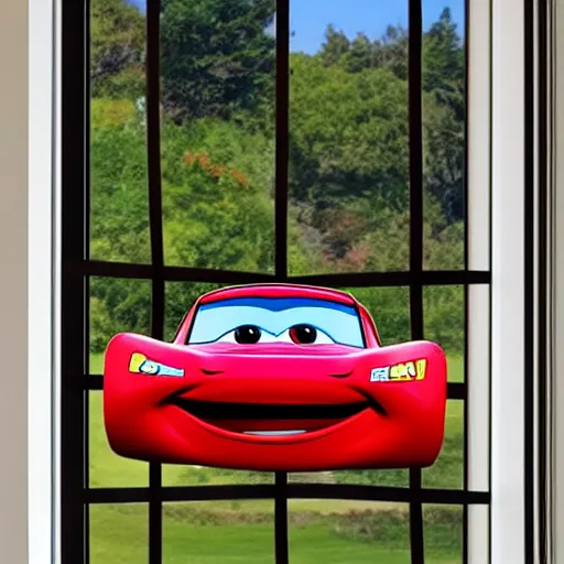 Prompt: Lightning McQueen-shaped balcony window from inside in the style of Lightning McQueen