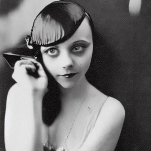 Prompt: christina ricci in the 1 9 2 0 s, flapper girl, photograph, speakeasy