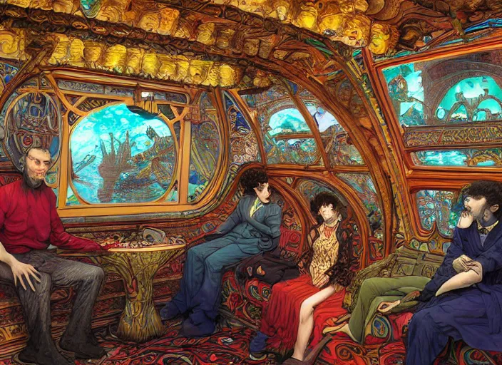 Prompt: incredibly beautiful breaktakingly detailed colour photograph of the inside of the beautifully decorated underwater train to atlantis, a couple sat down, extreme closeup, various amazingly weird cool characters sat down, by ford maddox brown and kilian eng and moebius and frederic leighton and john william waterhouse and greg hildebrandt, ultra wide angle, 4 k