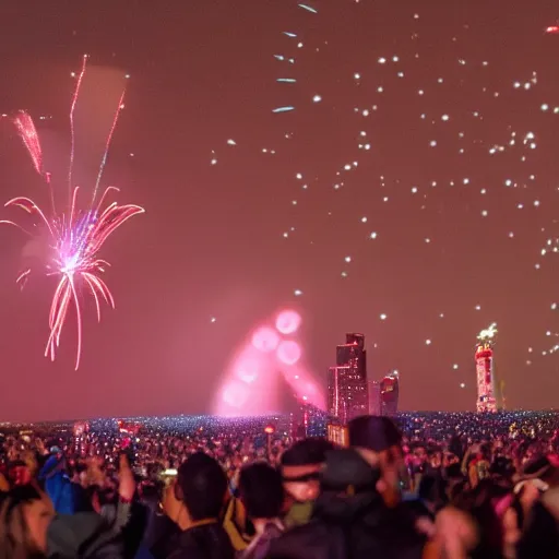 Prompt: people celebrating new year in Mars, hologram countdown in the sky, bokeh, 35mm