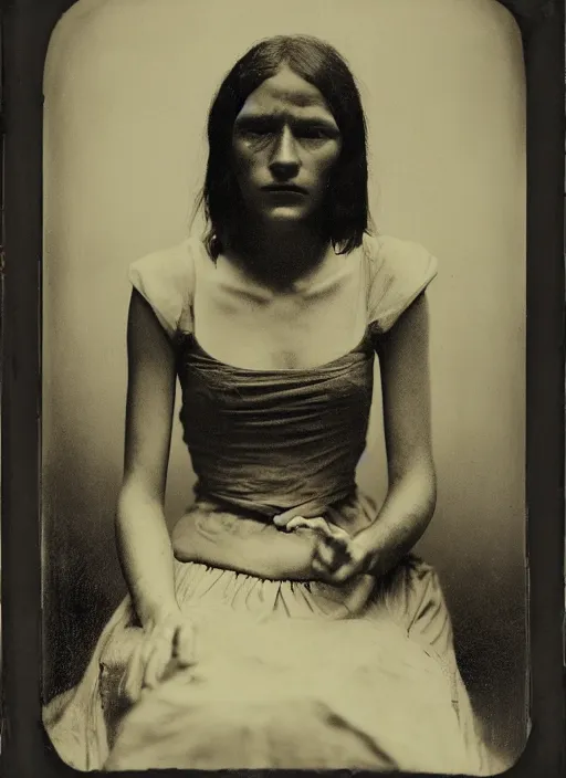 Image similar to portrait of a young blind women, hyperrealism, photo realistic, detailed, award winning photograph, cinematic lighting, ambrotype wet plate collodion by richard avedon and shane balkowitsch