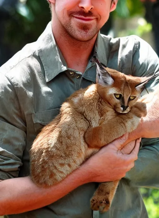 Image similar to Ryan Gosling holds a caracal cat in his hands