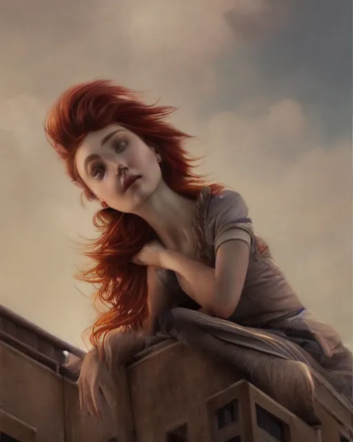 Image similar to an realistic fine art painting of a early twenties female sitting on top of a building in the city with flowing auburn hair, inspired by Tom Bagshaw, studio portrait, muted colors, detailed hair, cinematic lighting, trending on artstation, god lighting, 4K