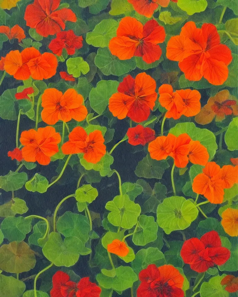 Image similar to fine painting of nasturtium and colourful smoke and dark flames.