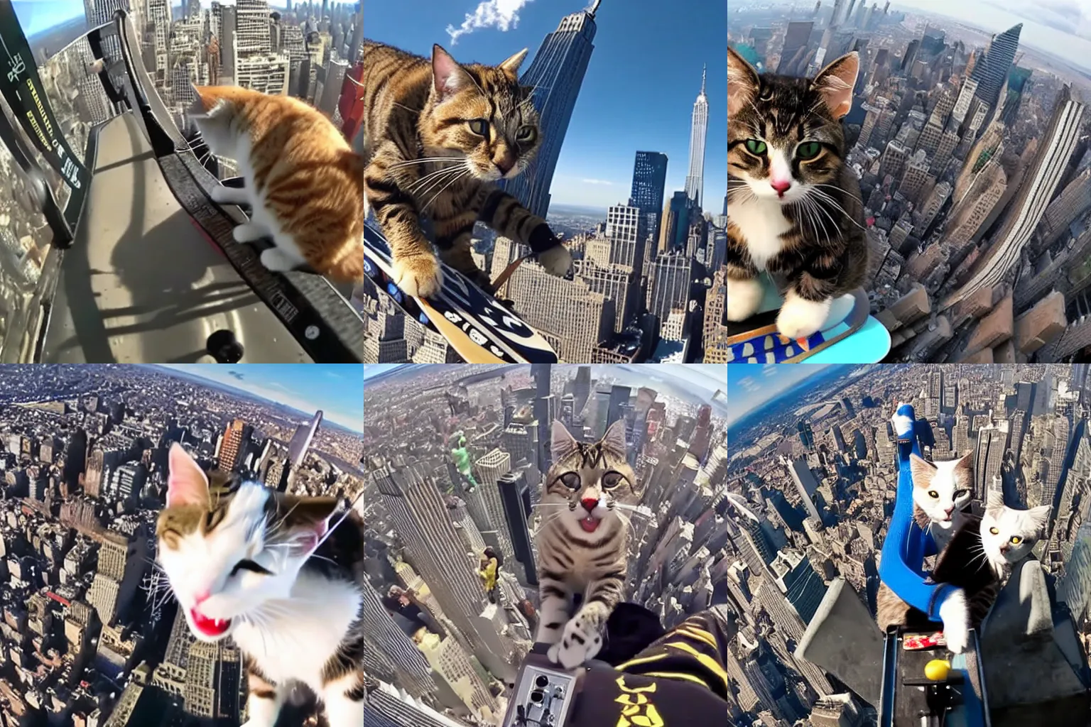 Prompt: GoPro footage of cats doing sick skateboard tricks on the empire state building
