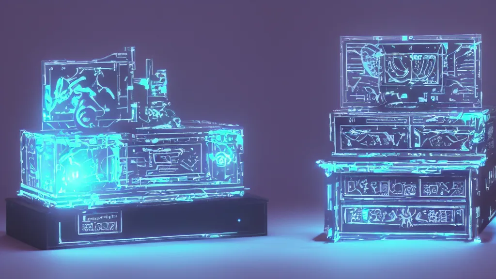 Image similar to a cyberpunk music box, white balance, hyperdimensional, 8 k, rim lighting, led, lumen global illumination, opaque, glowing, rubber, ray tracing reflections