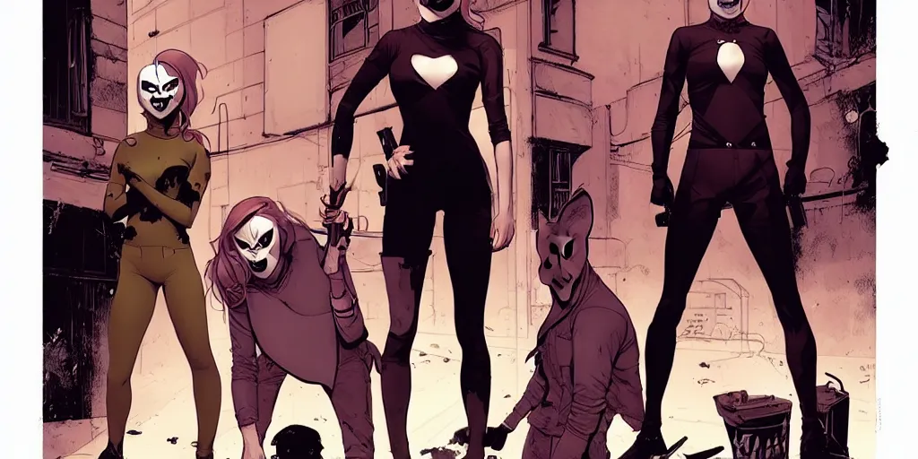 Prompt: style of Jaime McKelvie and Joshua Middleton comic book art, cinematic lighting, realistic, 6 people stabbing and shooting each other, The Purge, fires, bunny mask female villain holding a bloody kitchen knife, standing in an alleyway, full body sarcastic pose, symmetrical, realistic body, knee high socks, night, horror, dark color palette