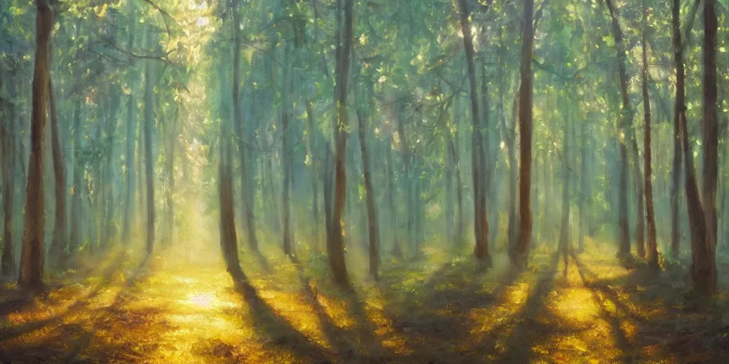 Image similar to An oil painting of an intensely beautiful forest in the morning; rays of light coming through the canopy; trending on artstation; extraordinary masterpiece!!!!!!