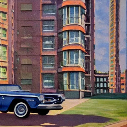 Prompt: painting of a 1960s American car parked outside of an apartment block, atmospheric lighting, detailed, optimistic