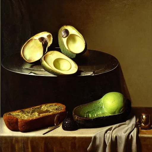 Prompt: still life by willem claesz heda, avocados, bread, linen, a fly, silver, overturned chalice, goblets,