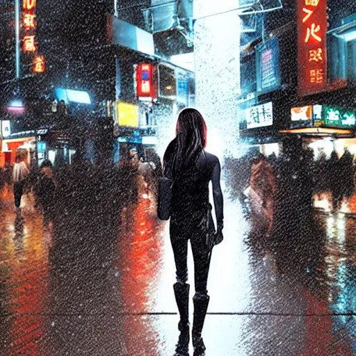 Prompt: cyborg woman, industrial designed, machined parts, illuminated micro led light circuits, walking dog in public, cinematic, raining, tokyo, streets, night, highly detailed, photographic, centered, by saroyama and greg rutkowski and james gurney