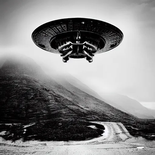 Image similar to aliens invading earth in the style of ansel adams, black and white, old, master photography