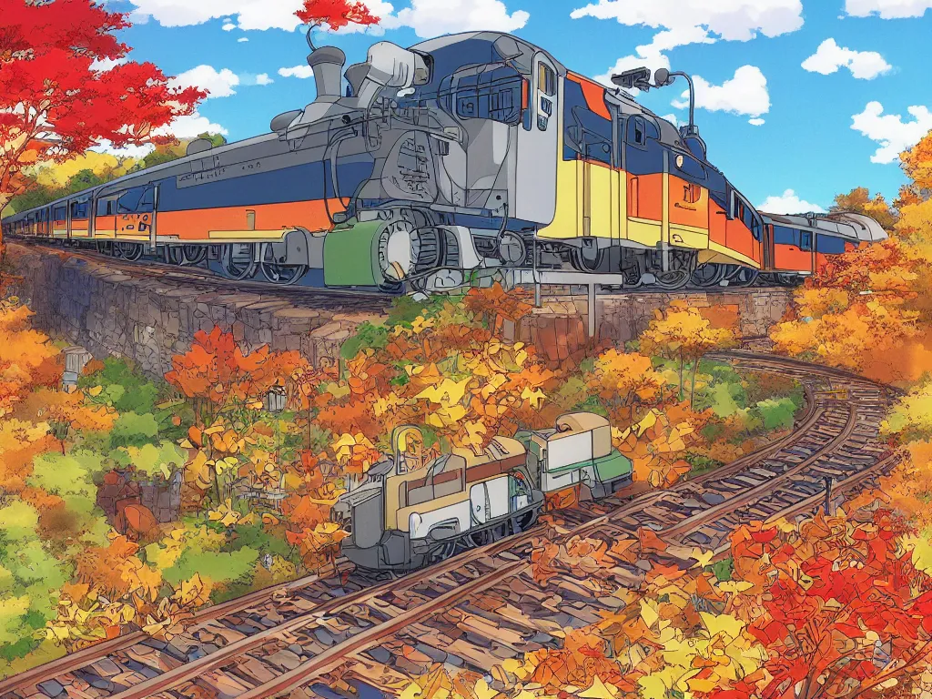 Image similar to longitudinal cut sideview of a anime train, autumn light, colorful, beautiful, by studio ghibli, by hayao miyazaki, digital art, concept art, manga, cute and adorable, illustration