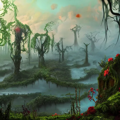 Prompt: An incredibly beautiful but ominous matte painting depicting a profusion of evil carnivorous vines and colorful flowers and lush exotic trees and bloated toadstools, with horrifying huge burning eyes and jagged bloody teeth, overgrowing a desolate ruins submerged in fog beneath the setting sun, nvidia, vray, evening, epic scale