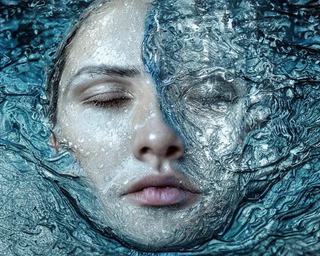 Image similar to water art manipulation of a realistic human head with open eyes burried in the ground, surreal, hyper realistic, ray tracing, realistic water, sharp focus, 8 k resolution, cinematic