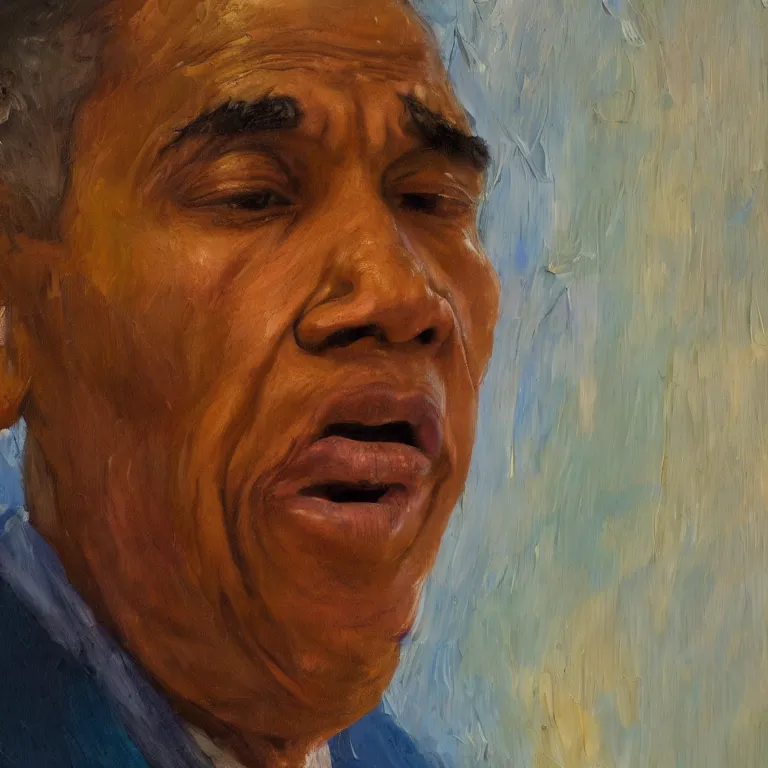 Prompt: warmly lit close up studio portrait of very old Barack Obama age 115 angrily singing, impasto oil painting thick brushstrokes by Cy Twombly and Elaine De Kooning , trending on artstation dramatic lighting Expressionism