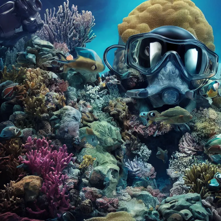Prompt: octane render portrait by wayne barlow and carlo crivelli and glenn fabry, subject is a shiny reflective black ops scuba diver with small dim lights inside helmet, surrounded by bubbles inside an exotic alien coral reef aquarium full of exotic fish and sharks, cinema 4 d, ray traced lighting, very short depth of field, bokeh