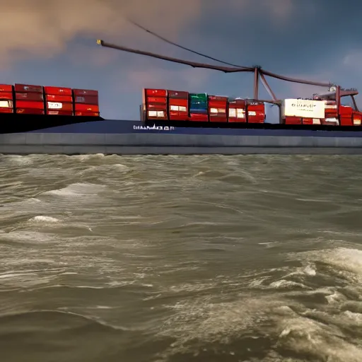Prompt: cinematic movie still of a container ship traveling under the francis scott key bridge choppy weather with glossy water. there is a feeling of powerful energy in the water. cg animation, 3 d octane render, 8 k, 4 k, imax 7 0 mm, rtx.