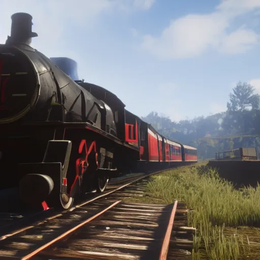 Image similar to A train in red dead redemption 2, screenshot, high quality image, widescreen, in-game engine, 8k, octane render, by greg rutkowski