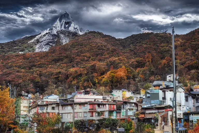 Image similar to warehouses lining a street, with an autumn mountain directly behind, radio tower on mountain, lens compressed, photography