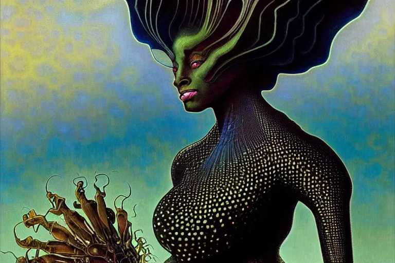Image similar to realistic extremely detailed closeup portrait painting of a beautiful black woman wearing futuristic dress, mutant dragon and a single old house on background by Jean Delville, Amano, Yves Tanguy, Alphonse Mucha, Ernst Haeckel, Edward Robert Hughes, Roger Dean, rich moody colours