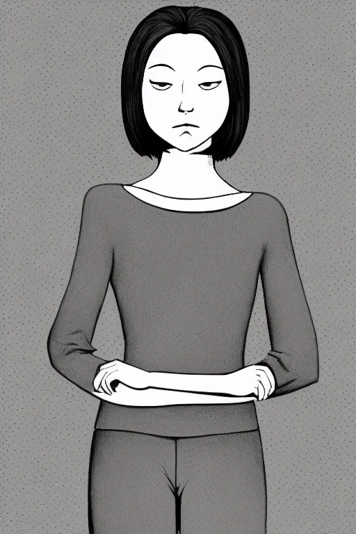 Image similar to portrait of a girl in long pants and a top, hands in pockets, eyes closed, bob haircut, digital art, black and white, lineart by junji ito