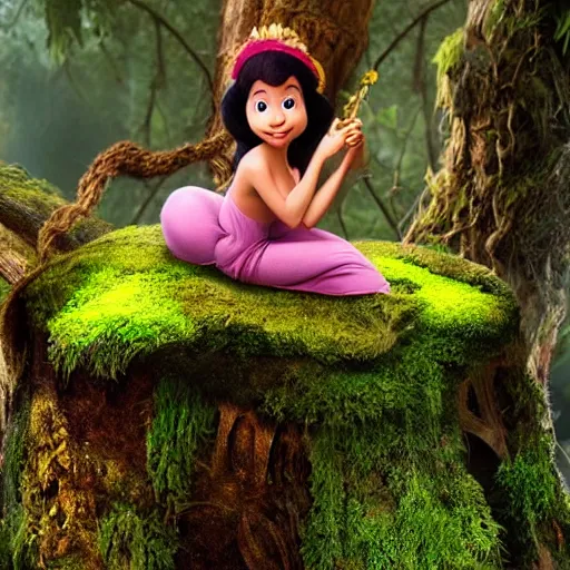 Prompt: fairy sitting on moss covered stump, from the jungle book, disney animation, extremely detailed