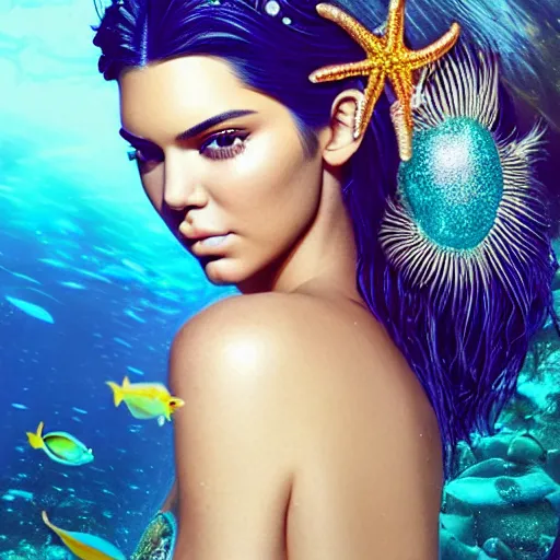 Image similar to kendall jenner portrait, fantasy, mermaid, hyperrealistic, game character, underwater, highly detailed, sharp focus, cinematic lighting, pearls, glowing hair, shells, gills, crown, water, highlights, starfish, jewelry, realistic, digital art, pastel, magic, fiction, ocean, king, colorful hair, sparkly eyes, fish, heroic, goddess, waves, bubbles, queen