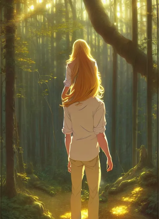 Prompt: book cover design, slender young man with long golden blond hair, shiny and sparkling, from behind, back shot, high angle, lost in a magical forest, natural lighting, path traced, highly detailed, high quality, cartoon, digital painting, by don bluth and ross tran and studio ghibli and alphonse mucha