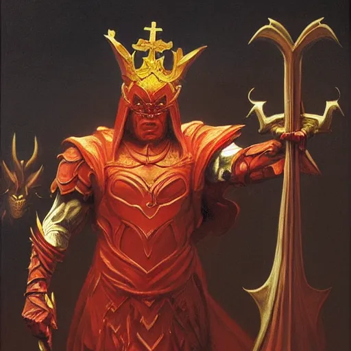 Image similar to A red demon mage. He is wearing mage armor and a crown. He is frowning seriously. Award winning oil painting by Thomas Cole and Wayne Barlowe