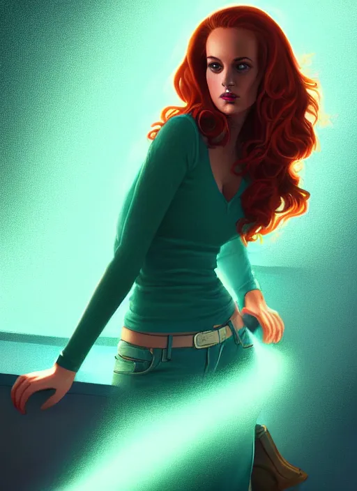 Image similar to full body portrait of teenage cheryl blossom, bangs, green eyes, mischievous expression, red hair, sultry smirk, bangs and wavy hair, intricate, elegant, glowing lights, highly detailed, digital painting, artstation, concept art, smooth, sharp focus, illustration, art by wlop, mars ravelo and greg rutkowski