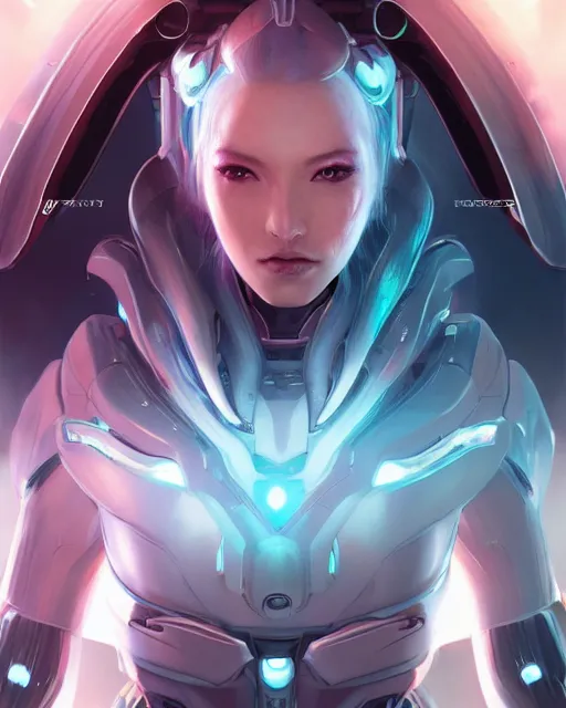 Image similar to perfect android girl on a mothership, warframe armor, beautiful face, scifi, futuristic, galaxy, nebula, raytracing, dreamy, long white hair, blue cyborg eyes, sharp focus, cinematic lighting, highly detailed, artstation, divine, by gauthier leblanc, kazuya takahashi, huifeng huang