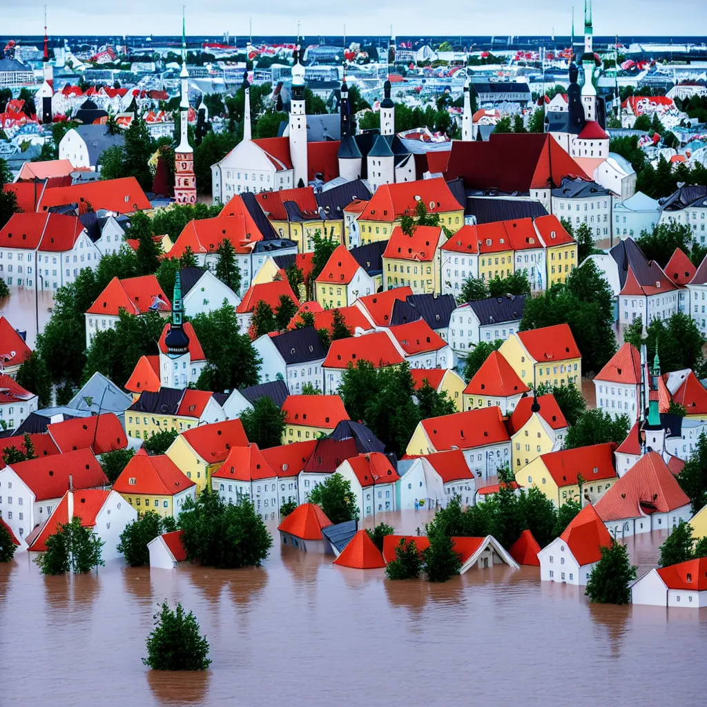 Prompt: Tallinn, capital of estonia, suffering from floods from the sea due to climate change in the year 2100, the citizens of Tallinn are shocked, street photography, ultra detailed, 40mm focal lense, flash at noon, 8k,