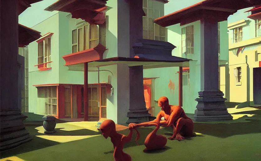 Image similar to Mysteriuos kerala village, very coherent, painted by Edward Hopper, Wayne Barlowe, painted by James Gilleard, airbrush, art by JamesJean