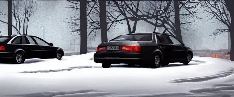 Image similar to Audi A4 B6 Avant (2002), a gritty neo-noir, dramatic lighting, cinematic, eerie person, death, homicide, homicide in the snow, gunshots, establishing shot, extremely high detail, photorealistic, cinematic lighting, artstation, by simon stalenhag, Max Payne (PC) (2001) winter New York at night, In the style of Max Payne 2 graphic novel, flashing lights, Poets of the Fall - Late Goodbye