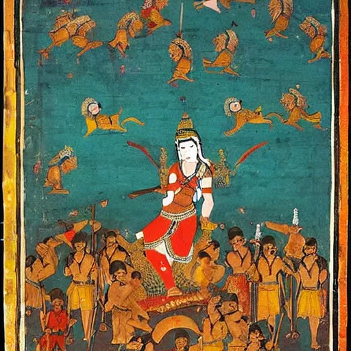 Image similar to woman warrior ascends to godhood. warriors watch in astonishment, holy mughal art painting by govardhan