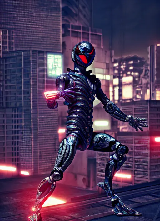 Image similar to kamen rider action pose, human structure concept art, human anatomy, full body hero, intricate detail, hyperrealistic art and illustration by irakli nadar and alexandre ferra, global illumination, on tokyo cyberpunk night rooftop, frostbite engine