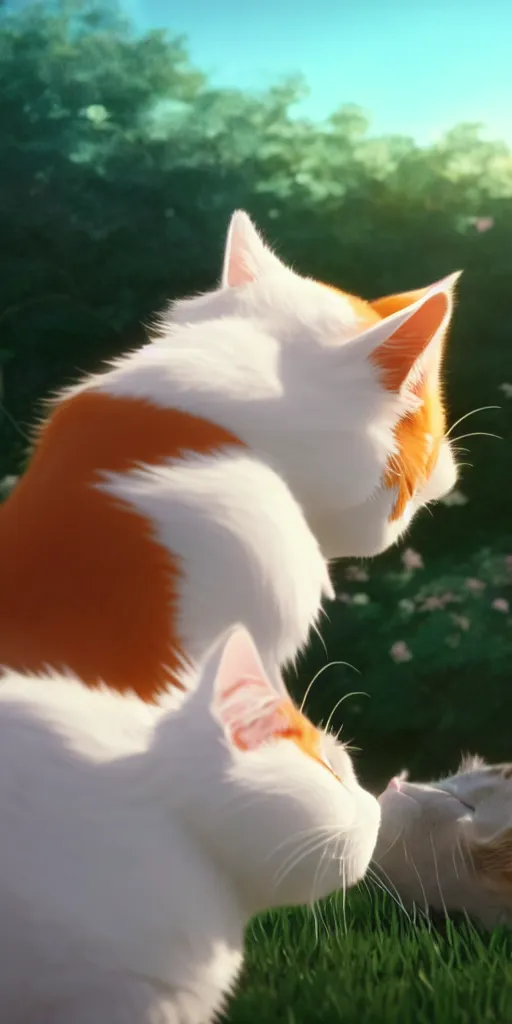 Prompt: a wholesome animation key shot of a ginger and white cat sleeping, close up, studio ghibli, pixar and disney animation, sharp, rendered in unreal engine 5, clear sky, anime key art by greg rutkowski, bloom, dramatic lighting