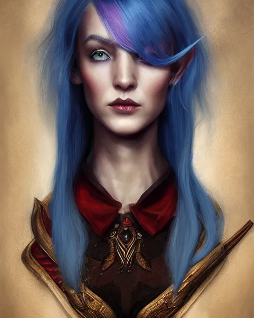 Prompt: A detailed matte oil on canvas head on symmetrical portrait of a distinguished elven woman with vertically split mirrored red and blue hair on an empty background, by Charlie bowater and lise deharme wlop, trending on artstationhd, dungeons and dragons art, half & half hair, split dye , critical role