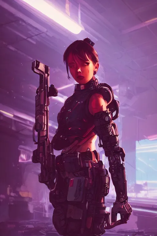 Image similar to beautiful illustration of a cyborg mercenary girl holding a rifle, art by wlop, artgerm, liam wong, upper body, cyberpunk, neon, elegant, highly detailed, trending on artstation, sharp focus, caustics, octane render, radiant light, 4 k