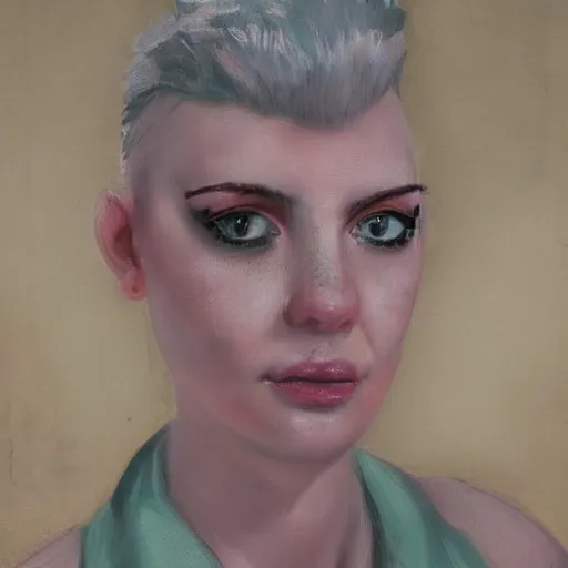 Image similar to portrait of a young woman with short pink spiky hair and dark eyes, 8 k, digital paint