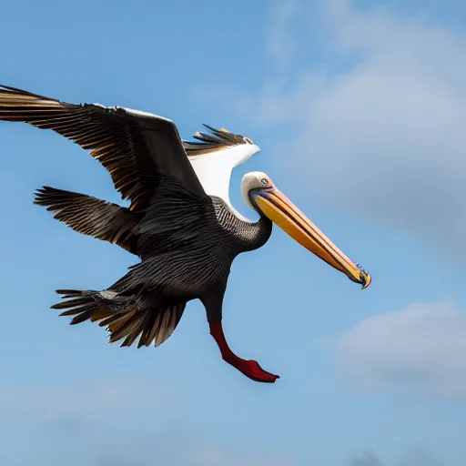 Image similar to a picture of a huge mega ultra sized pelican in flight. the pelican is very big has its its huge wings spread. symmetrical photo. very detailed, professional lighting diffracted lightrays 4 k.