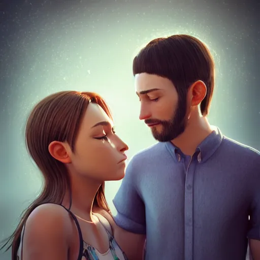 Prompt: abbstract surreal perfectly centered symmetrical split male and female portrait of man and woman in love sharing one heart ; 3 d render by lilia alvarado, photorealistic, highly detailed ; octane ; unreal engine ; trending on artstation